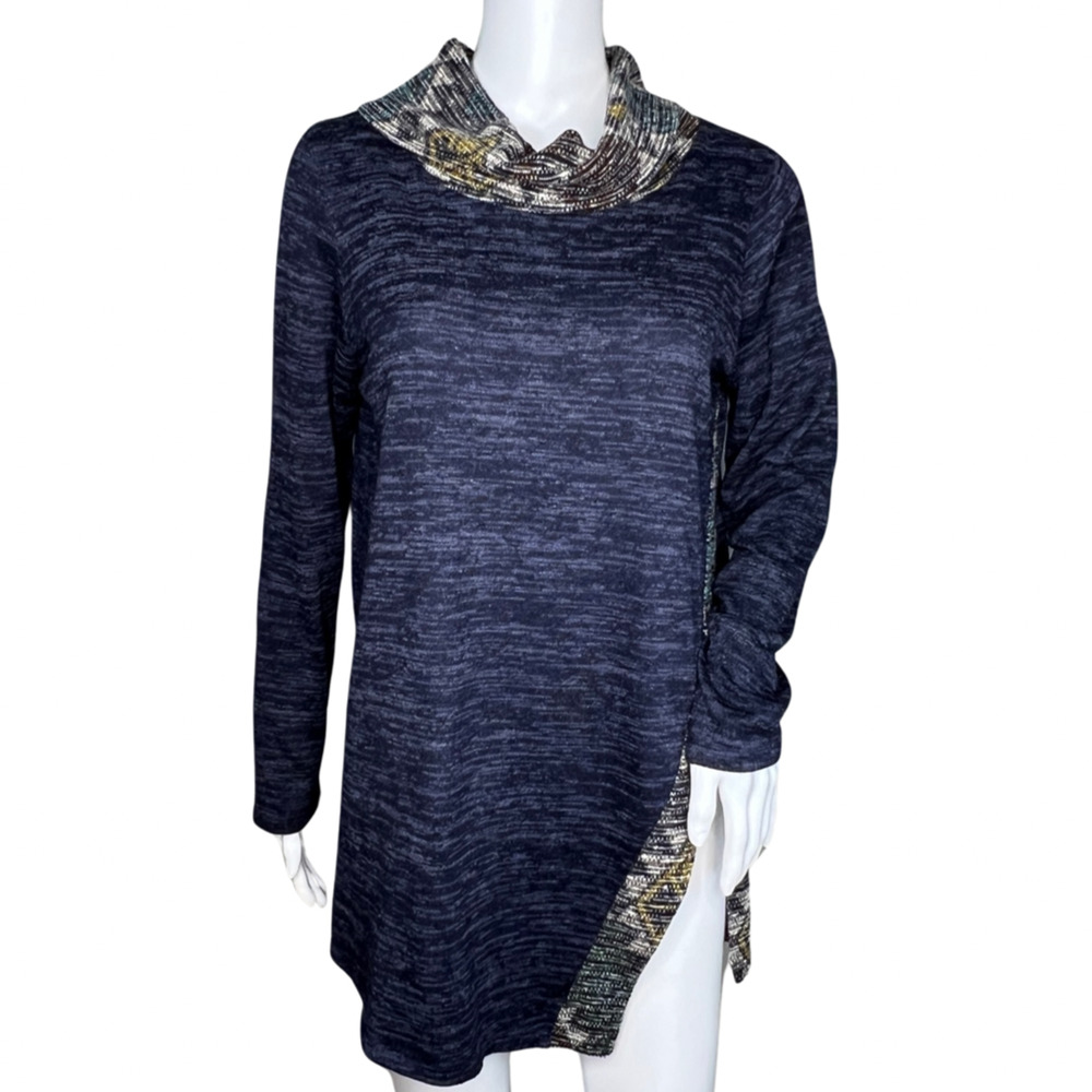 Love Kuza‎ Sweater Womens Medium Blue Marled Cowl Neck Side Slit Office Casual